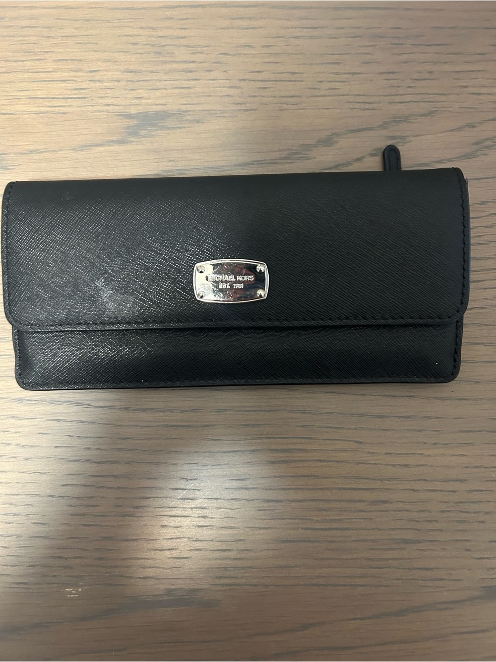 Michael Kors Black Saffiano Continental Wallet with Silver Plaque